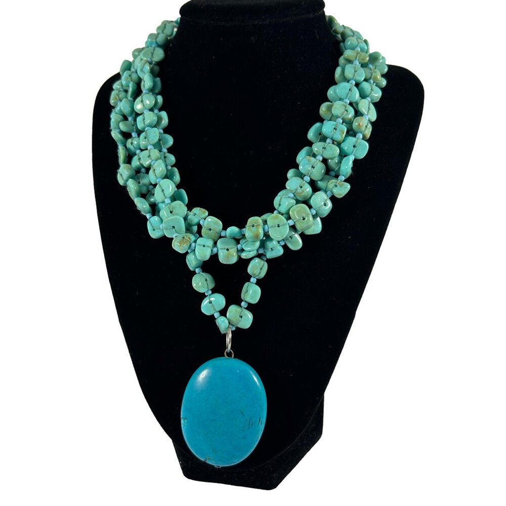 Faux Turquoise 4 Tier Oval Pendant Necklace Chippy Statement Silver Tone 16-19"